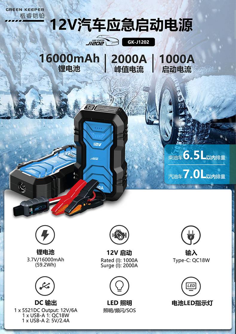 汽車應(yīng)急啟動電源-格睿鎧鉑GK-J1202,12v/2000A 搭電寶  第1張