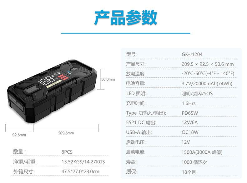 汽車應(yīng)急啟動電源-格睿鎧鉑GK-J1204,12v/3000A 強起電源  第3張