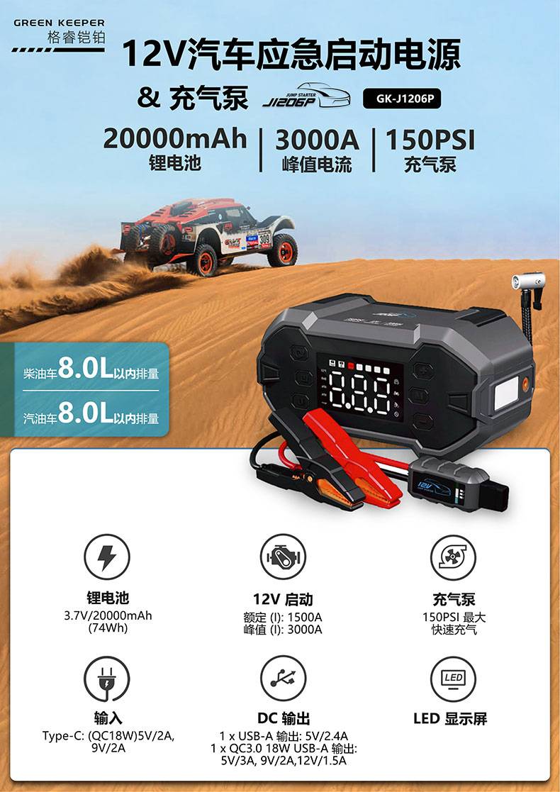 汽車應(yīng)急啟動(dòng)電源-格睿鎧鉑GK-J1206P,12v/3000A 充氣搭電寶  第1張