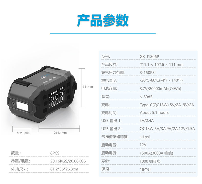汽車應(yīng)急啟動(dòng)電源-格睿鎧鉑GK-J1206P,12v/3000A 充氣搭電寶  第2張